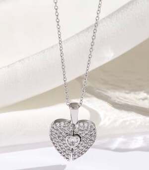 Stainless Steel Pave Cubic Zirconia Heart Locket Wing Necklace